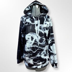 Unisex Pullover Hoodie with Black and White Smoke Print  and Kangaroo Pocket Siz